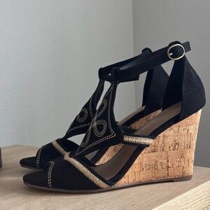 Black Cork Wedge Sandals | Ankle Strap | Gold Stitch Detail | Size 8 | NWT